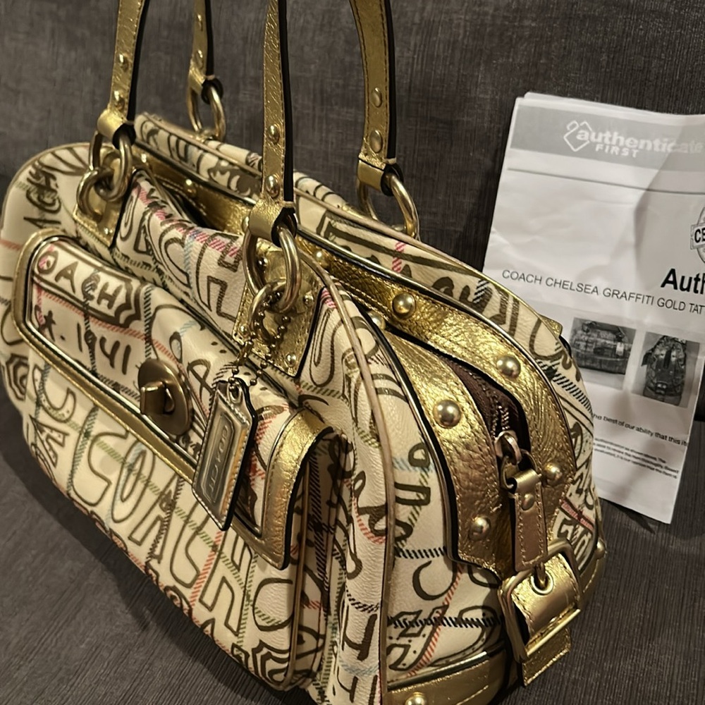Coach Poppy Chelsea Graffiti Gold Tattersall Satchel Purse Cream and Gold - Picture 4 of 17